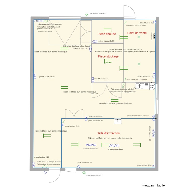 miellerie electricité. Plan de 2 pièces et 120 m2