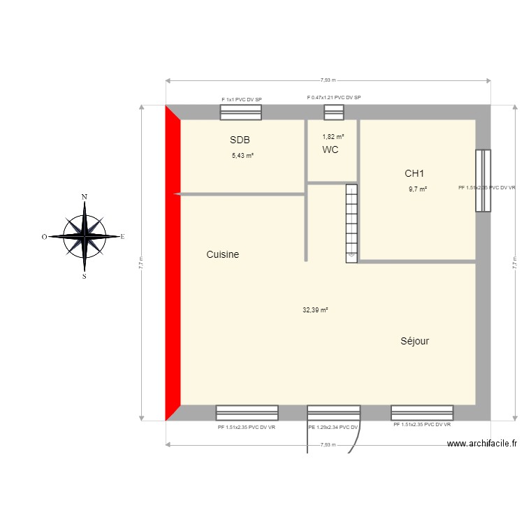 Ley Laure RDC . Plan de 4 pièces et 49 m2