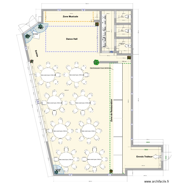 salle des fêtes. Plan de 5 pièces et 181 m2