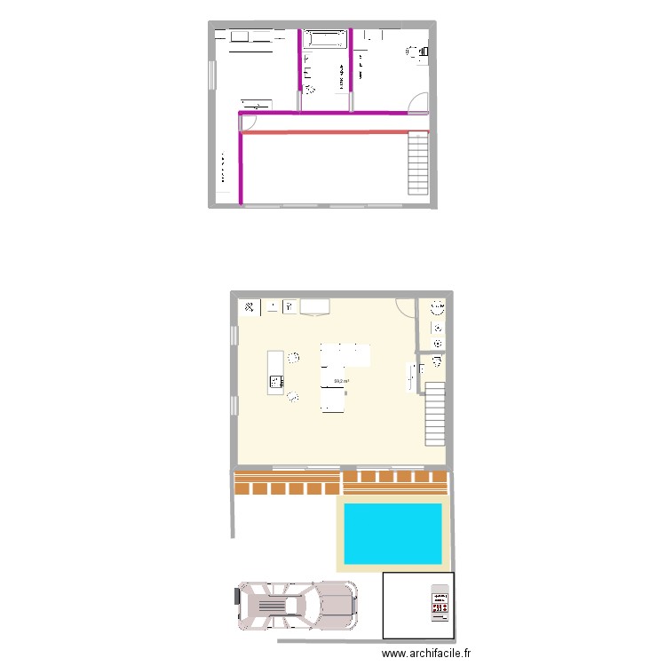 Rdc. Plan de 1 pièce et 59 m2