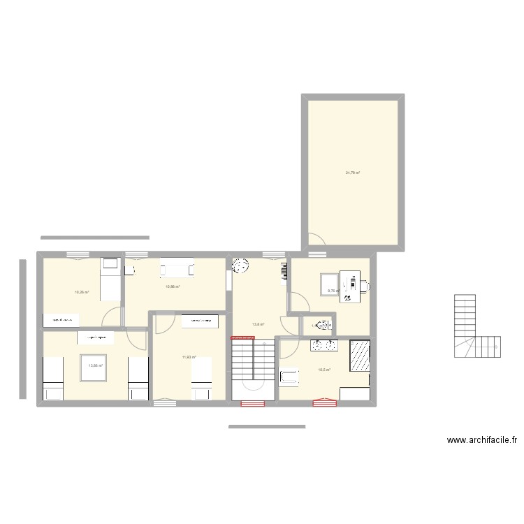 etage. Plan de 9 pièces et 107 m2