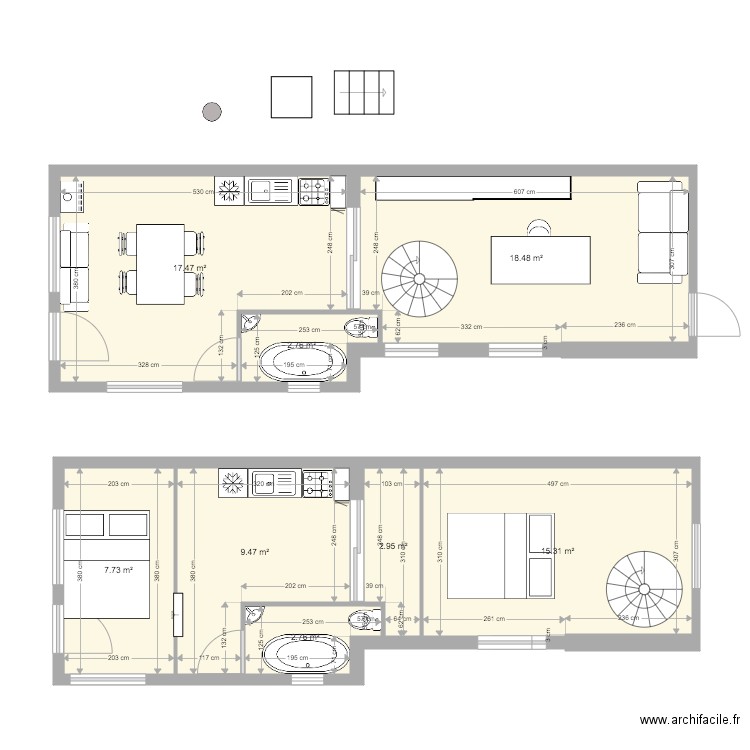 Maison Bleu 2. Plan de 8 pièces et 77 m2