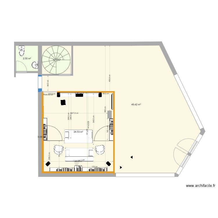 salle cinéma fauteuils marches arrondies. Plan de 0 pièce et 0 m2