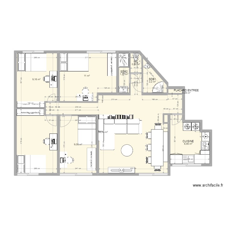 T5 Bellefontaine après travaux . Plan de 10 pièces et 80 m2