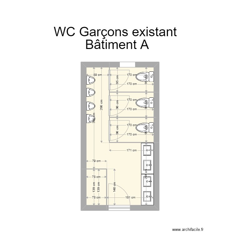 wc bat A garçons  existant . Plan de 5 pièces et 14 m2