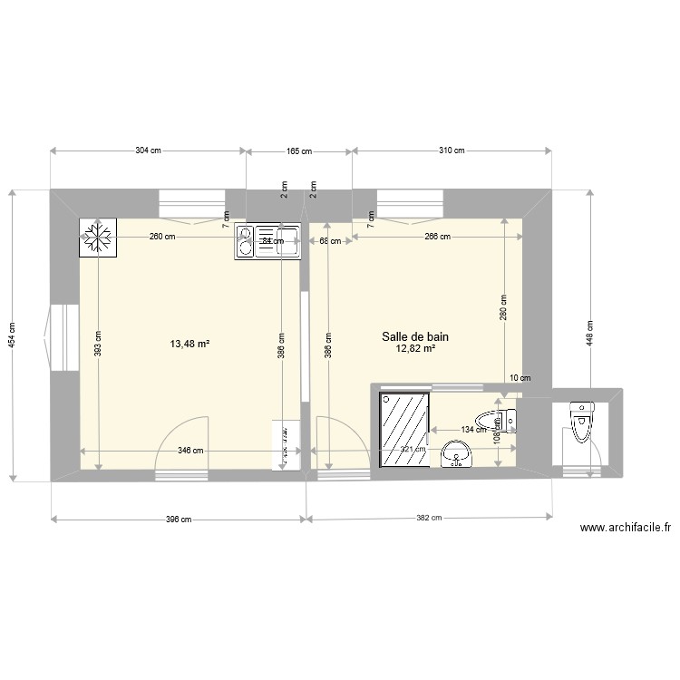 Studio, nouveau plan ok avec salle de bain et cuisine et wc. Plan de 2 pièces et 26 m2