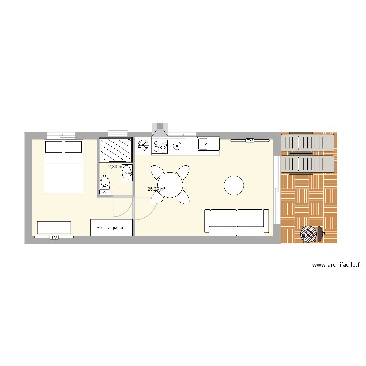 RDC Appartement Mangot. Plan de 2 pièces et 29 m2