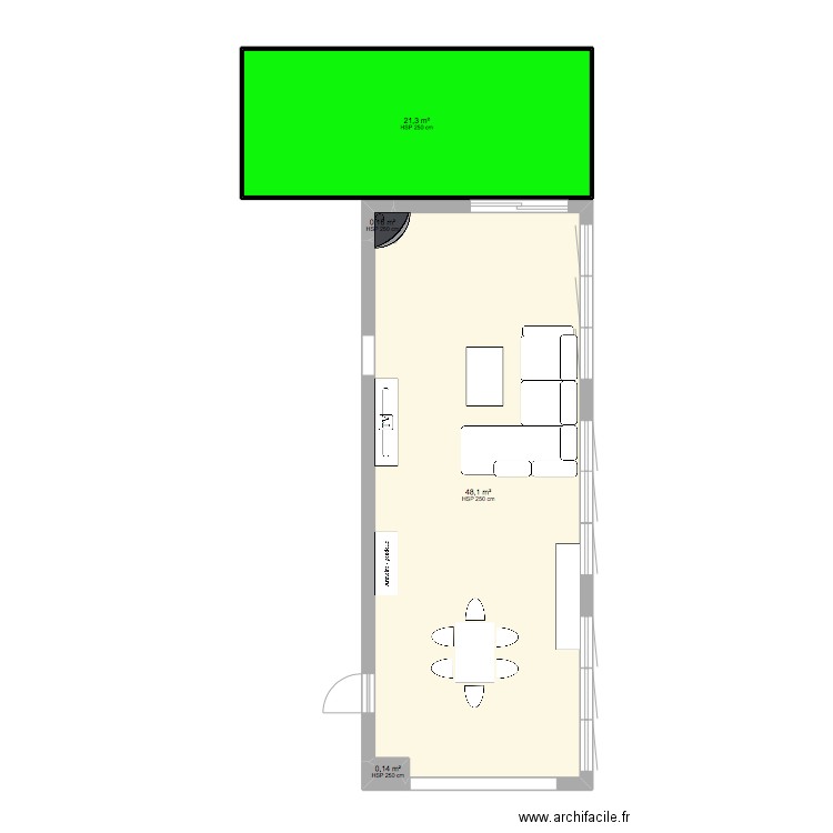 salon/séjour/terrasse. Plan de 4 pièces et 70 m2