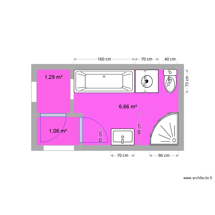 salle de bain. Plan de 3 pièces et 9 m2