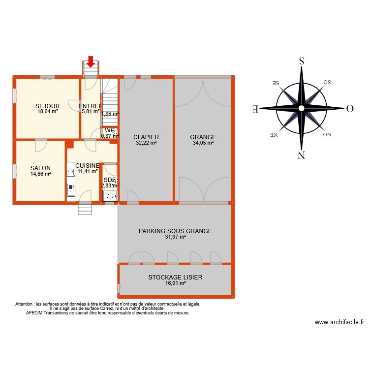 BI 8874 RDC. Plan de 14 pièces et 173 m2