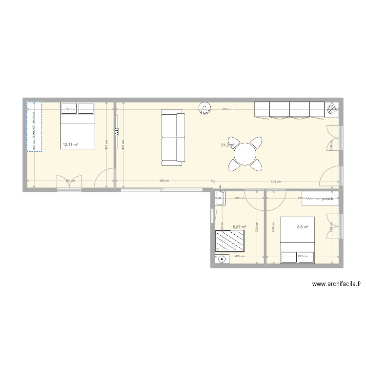 Rosa bis. Plan de 4 pièces et 58 m2