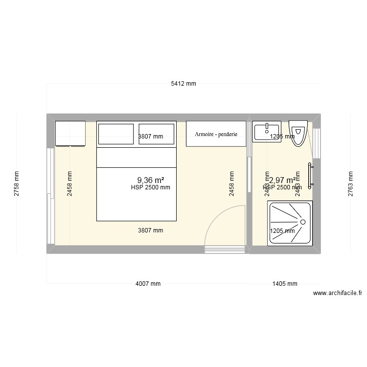 chambre ile verte dilaté. Plan de 2 pièces et 12 m2