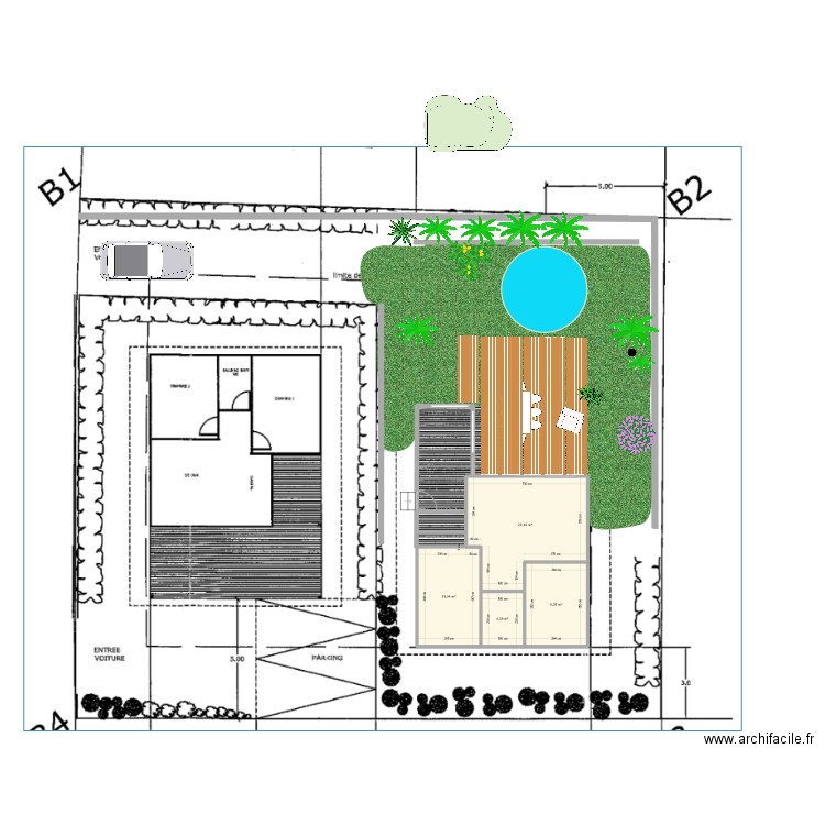 Kaoris jardin piscine hors sol. Plan de 4 pièces et 45 m2
