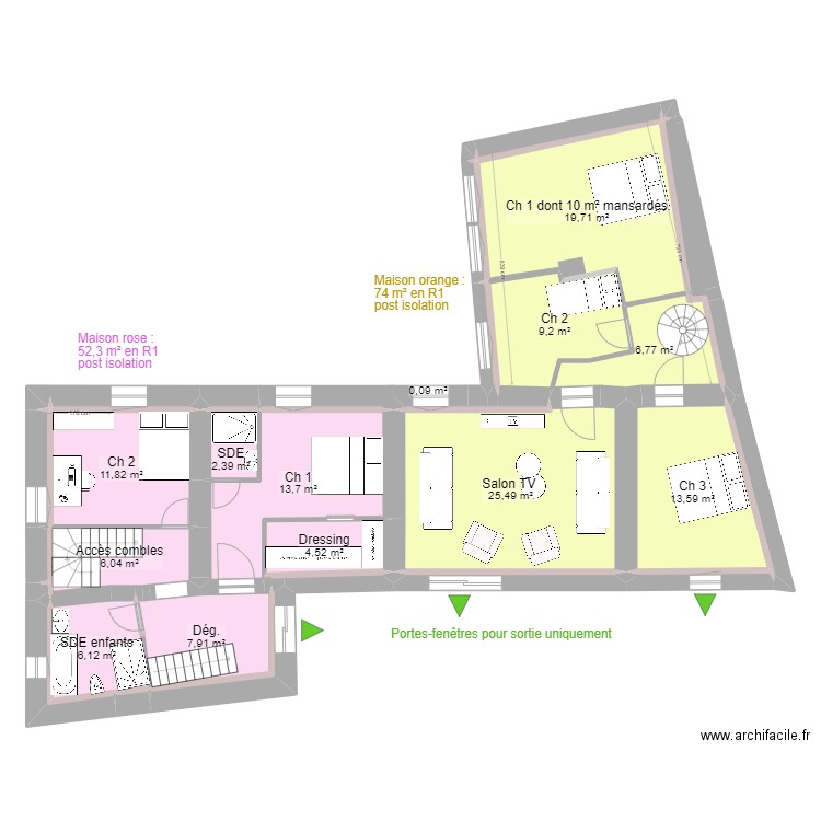 Poleymieux - division OK 2 lots ETAGE. Plan de 35 pièces et 130 m2