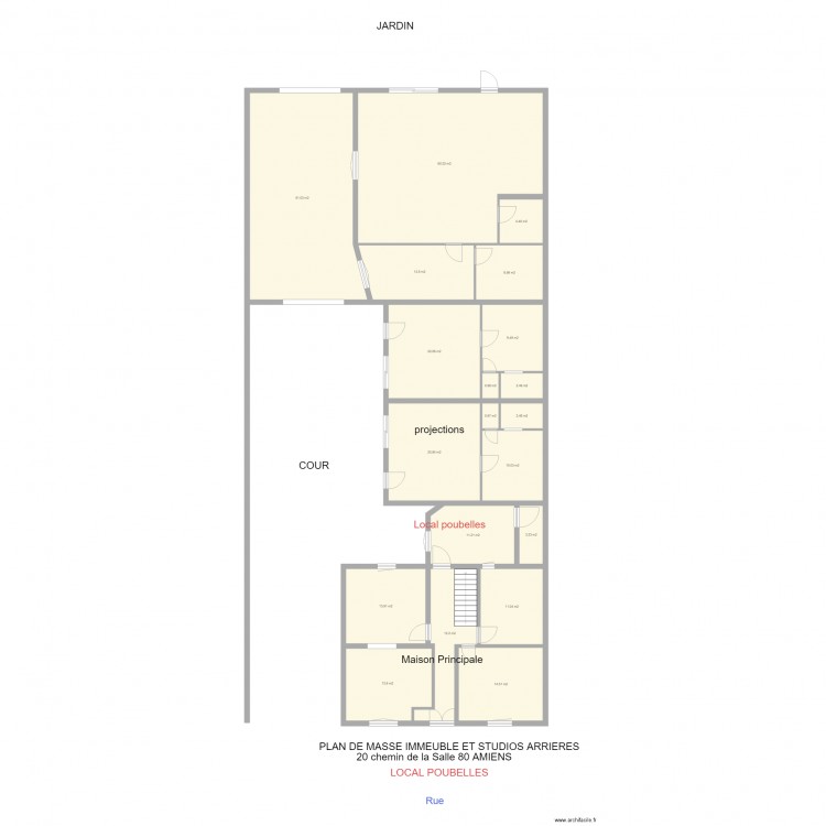 PLAN DE MASSE IMMEUBLE ET STUDIOS ARRIERES LOCAL POUBELLES. Plan de 20 pièces et 285 m2