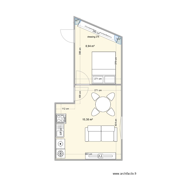 Appart Ellia. Plan de 2 pièces et 24 m2