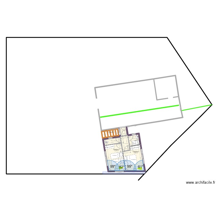 Rectangle 2 Ch 30 M2 WC-SdE avec mur VFF Tonnelle. Plan de 12 pièces et 33 m2