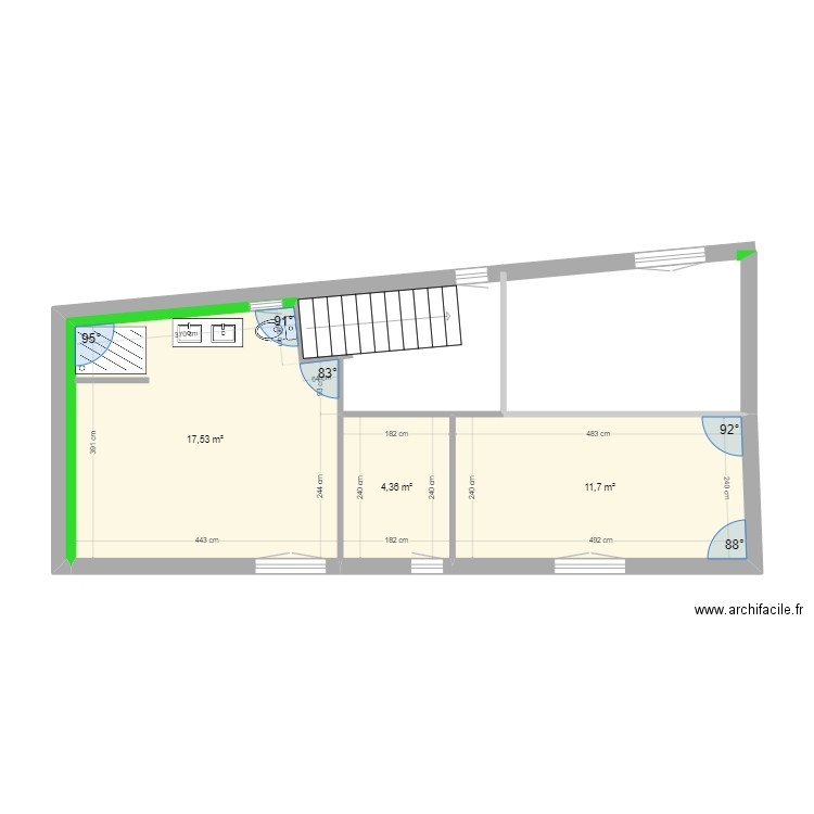 Plan RDC Mas avec positionnement fenetres. Plan de 3 pièces et 34 m2