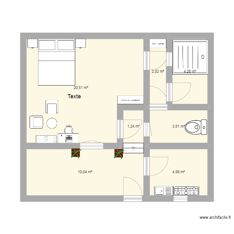 studio Américain. Plan de 7 pièces et 47 m2