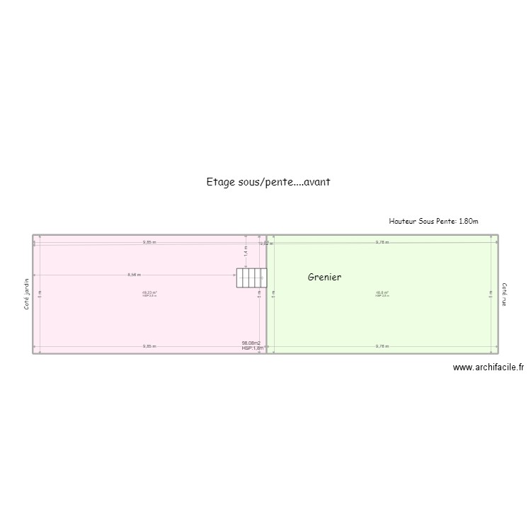 Etage sous/pente avant. Plan de 2 pièces et 98 m2