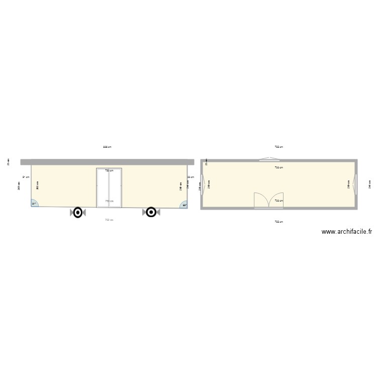 roulotte porte double lot. Plan de 2 pièces et 32 m2