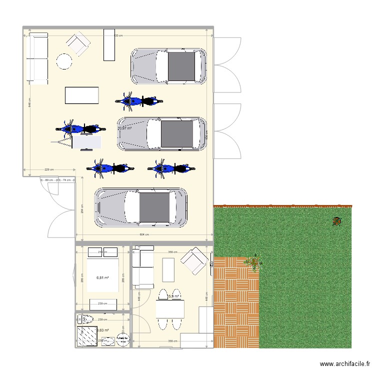 garage + portes + vehicules. Plan de 4 pièces et 97 m2