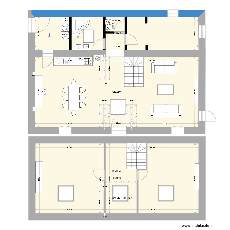 Keroriou RDC et 1er étage. Plan de 3 pièces et 160 m2