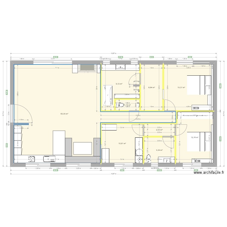APPARTL. Plan de 9 pièces et 128 m2