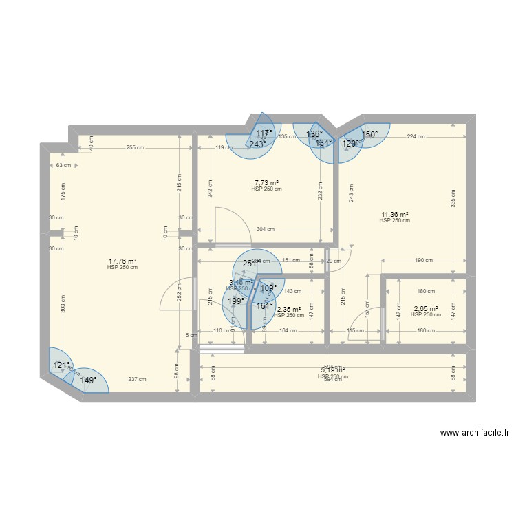 Arras - Appt 24 - Etat actuel. Plan de 7 pièces et 50 m2