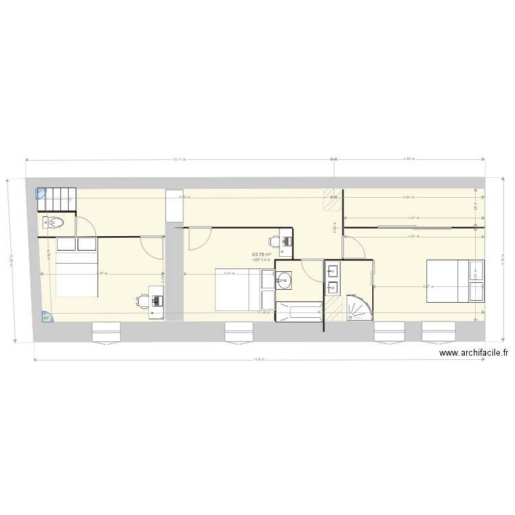 PJ EF1. Plan de 2 pièces et 128 m2