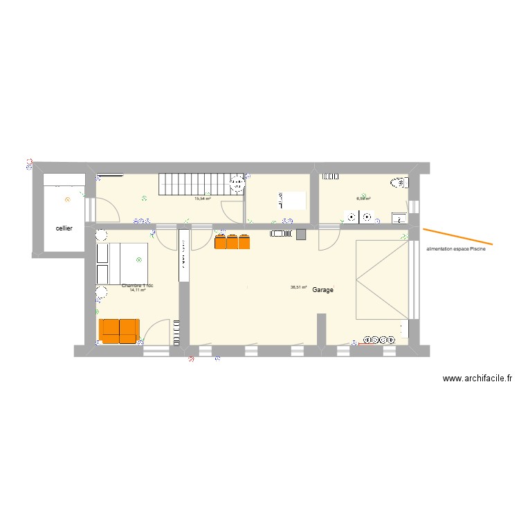 CHANTELAC PRUNIERES RDC amenagement final. Plan de 4 pièces et 73 m2