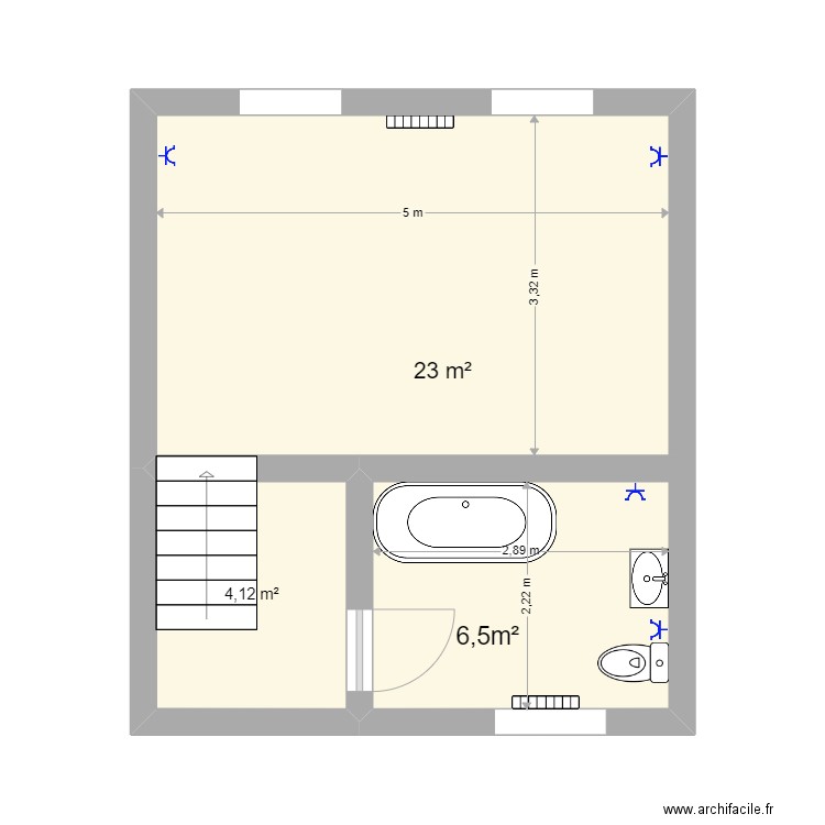 RDC appart hardy. Plan de 2 pièces et 27 m2