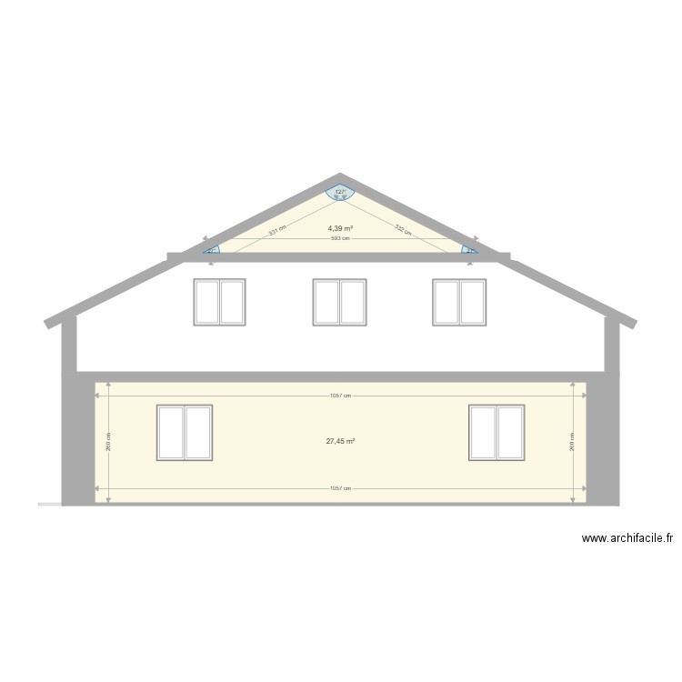 facade est. Plan de 2 pièces et 32 m2