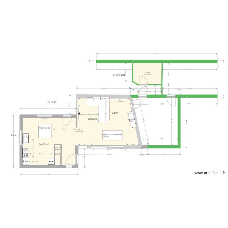 Extension cuisine2. Plan de 3 pièces et 51 m2