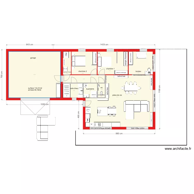 plan simplifi&eacute; entr&eacute;e cuisine 112m2. Plan de 