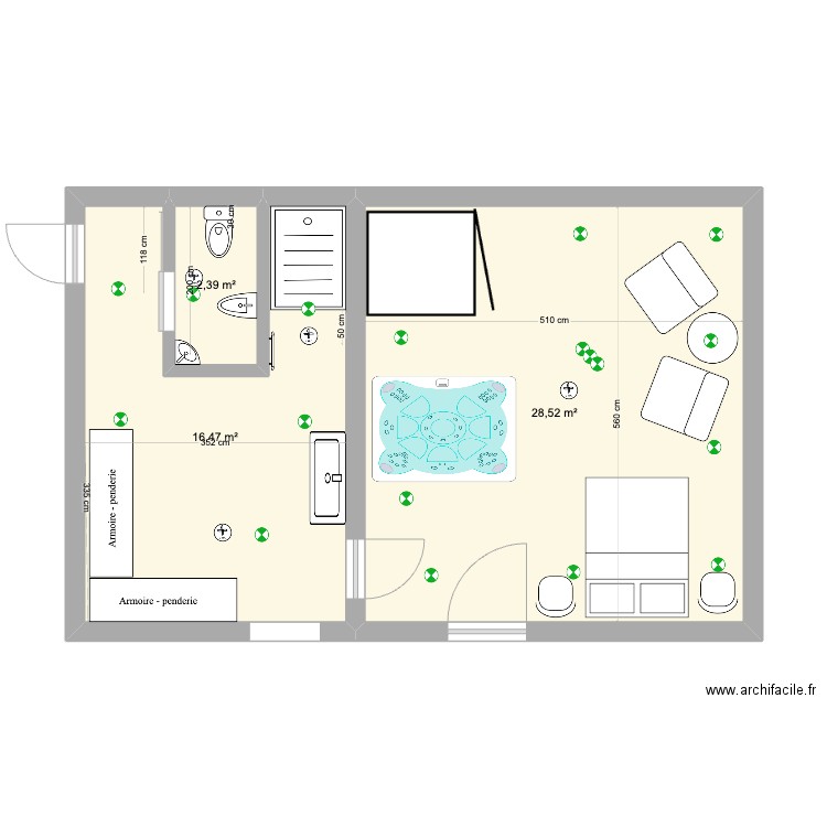 SPA et SDB grand rangements 3. Plan de 3 pièces et 47 m2