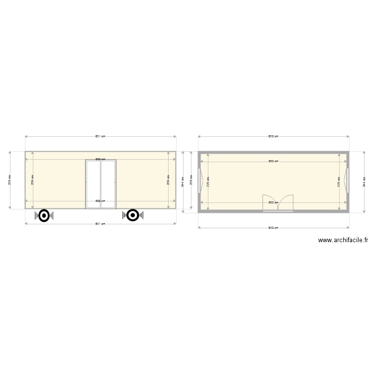 roulotte porte double . Plan de 2 pièces et 27 m2