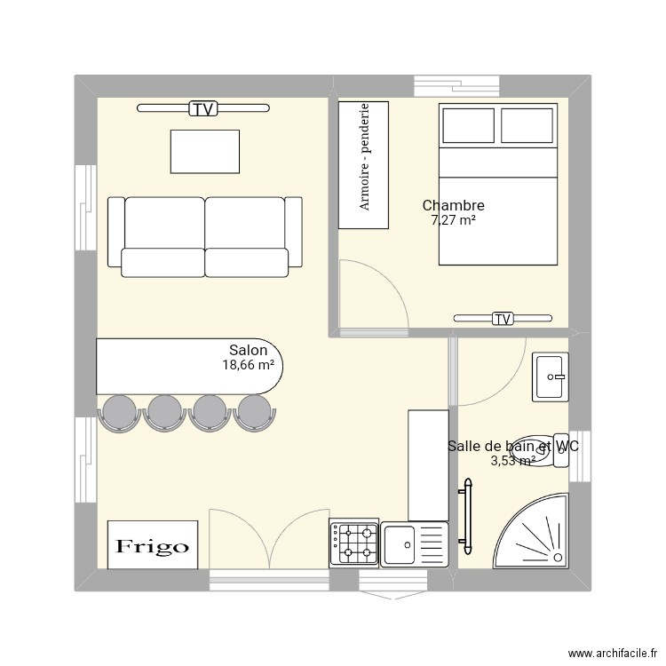 6×6. Plan de 3 pièces et 29 m2