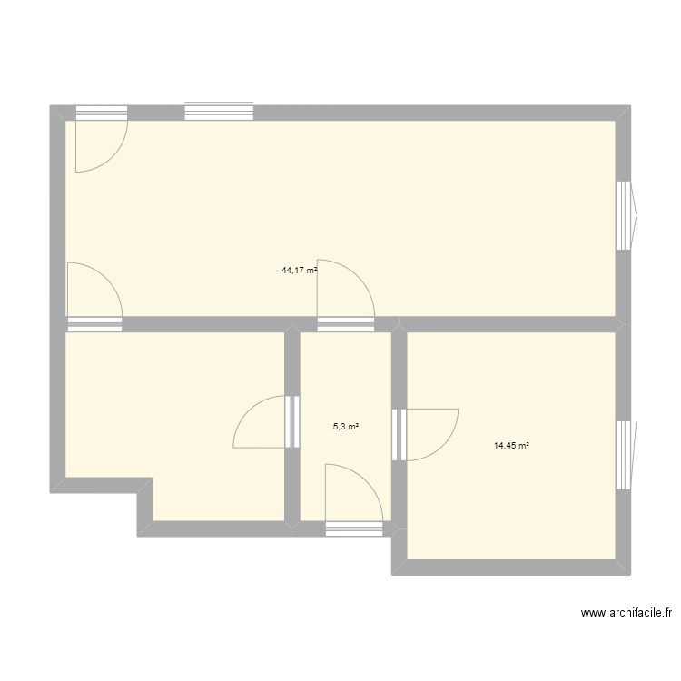 RDC. Plan de 3 pièces et 64 m2