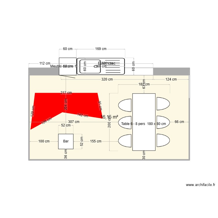 véranda. Plan de 1 pièce et 16 m2