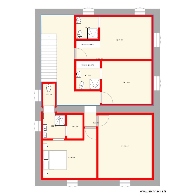 partie nuit avec murs bloqués et fenetres suite. Plan de 0 pièce et 0 m2