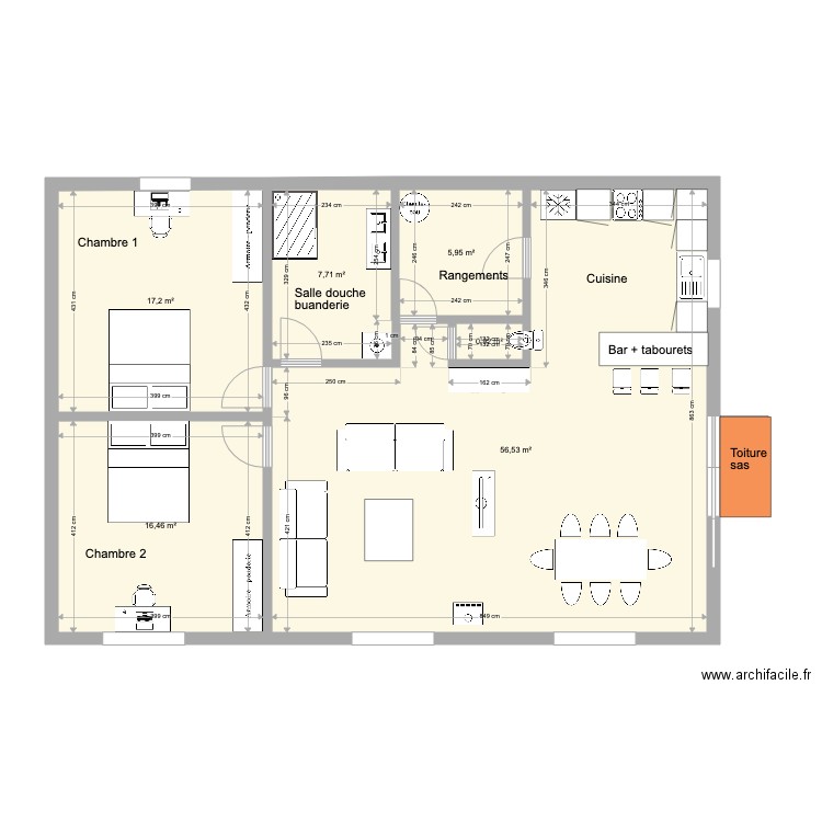 Plan interieur avec 1 SdB et 1 WC. Plan de 0 pièce et 0 m2