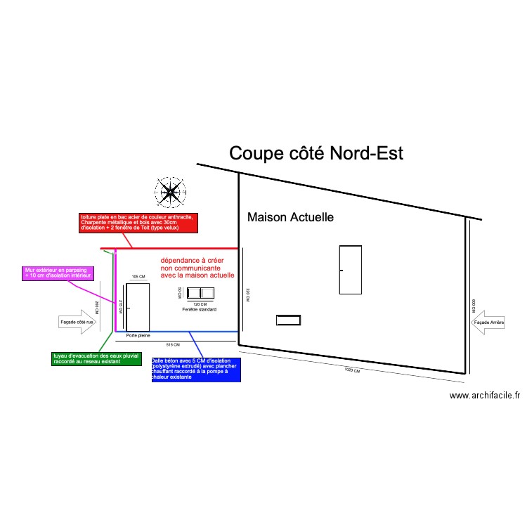 Coupe Nord-Est extension Gazou. Plan de 2 pièces et 92 m2