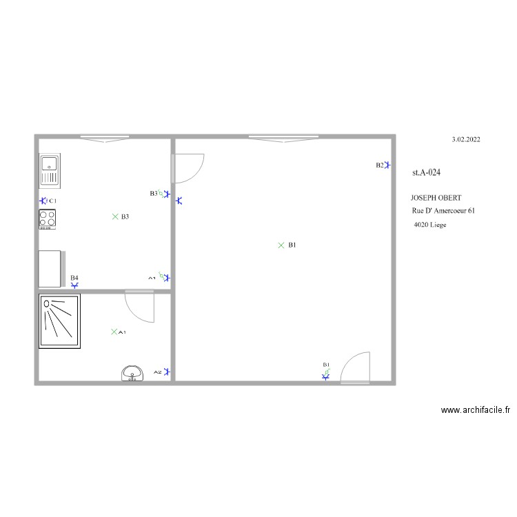 amercoeur a028. Plan de 3 pièces et 63 m2