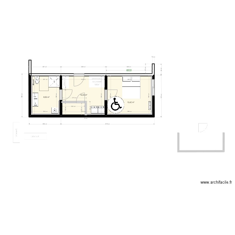 Niveau RDC. Plan de 3 pièces et 34 m2