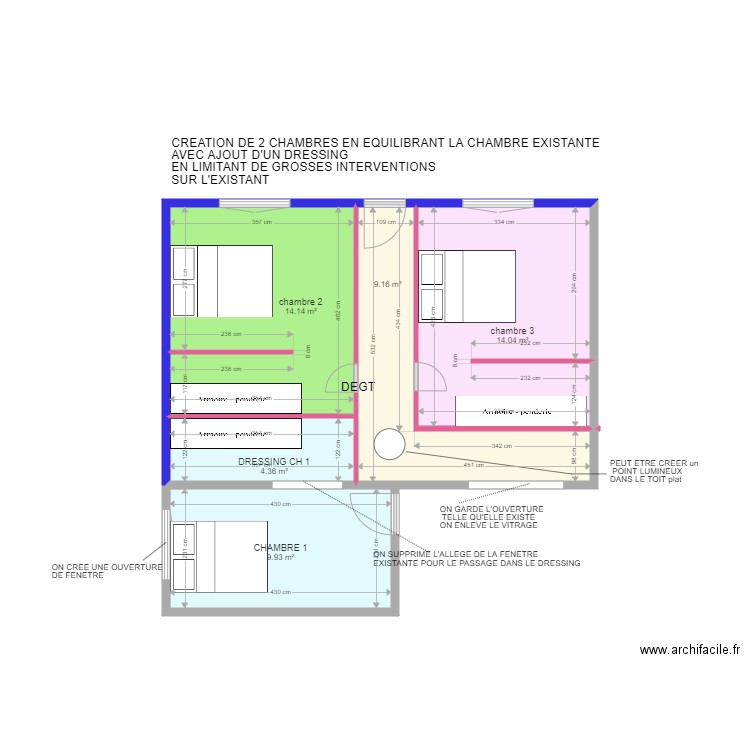 CARITEY SAPOIS PROJET couloir milieu. Plan de 5 pièces et 52 m2