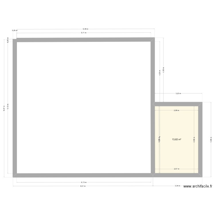 extension chaudière. Plan de 1 pièce et 14 m2