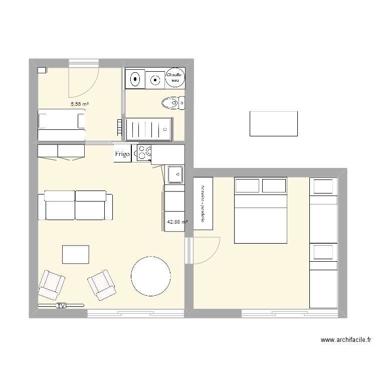 LA MONGIE FUTURE cuisine. Plan de 2 pièces et 48 m2