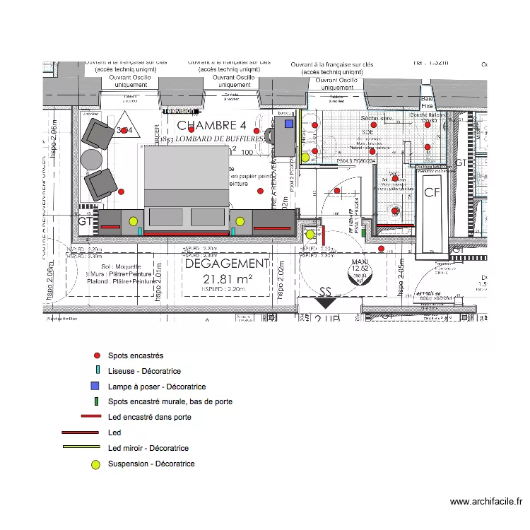 Chambre 4 plan &eacute;clairage. Plan de 