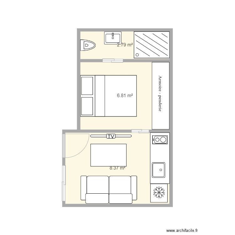 studio soso. Plan de 3 pièces et 18 m2